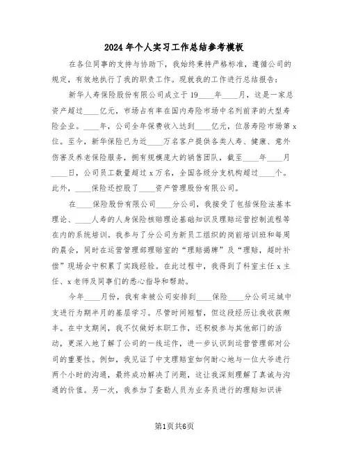 2024年个人实习工作总结参考模板（三篇）