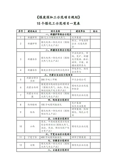 煤炭深加工十五个示范项目表