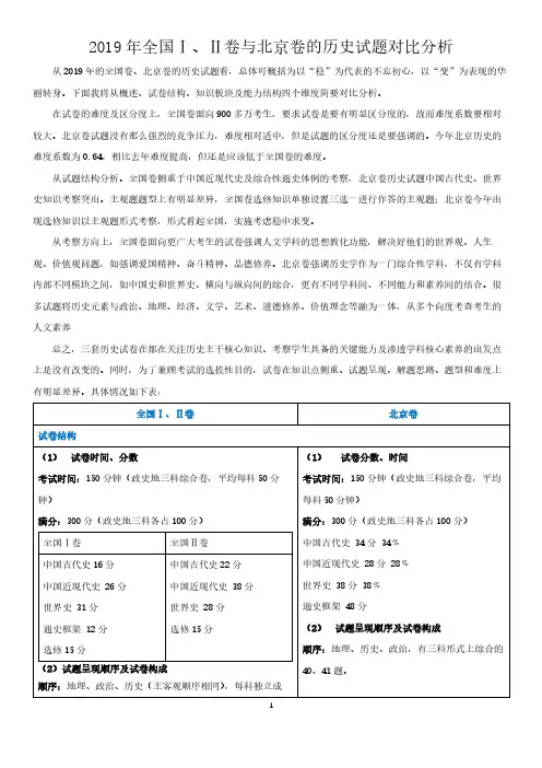 全国1、2卷与北京卷对比(表格)