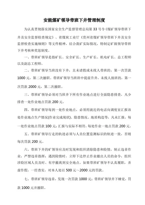 安能煤矿领导带班下井考核奖惩制度