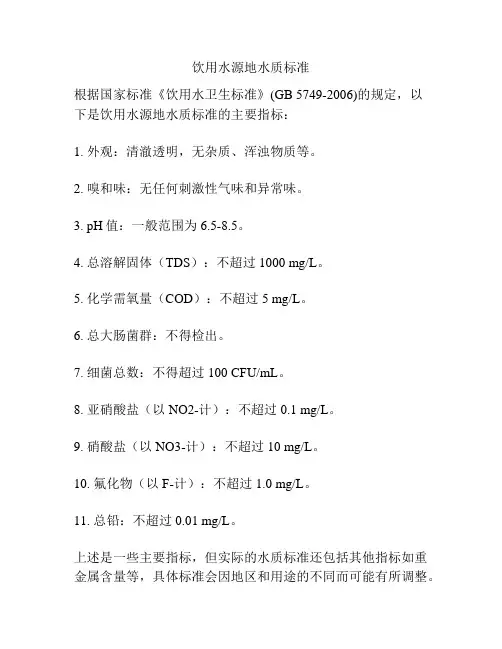 饮用水源地水质标准
