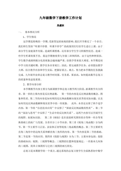 2020年九年级下册数学教学工作计划