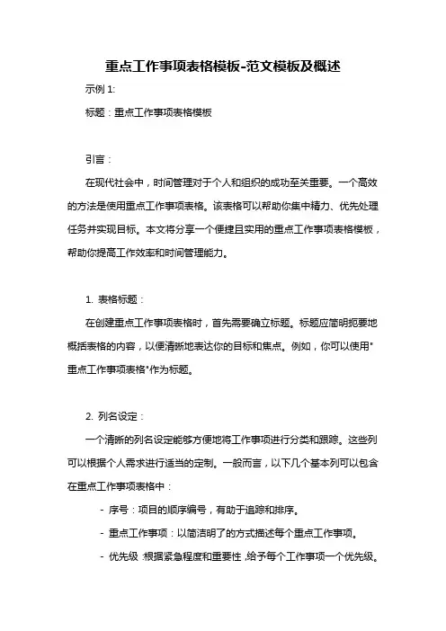 重点工作事项表格模板-概述说明以及解释