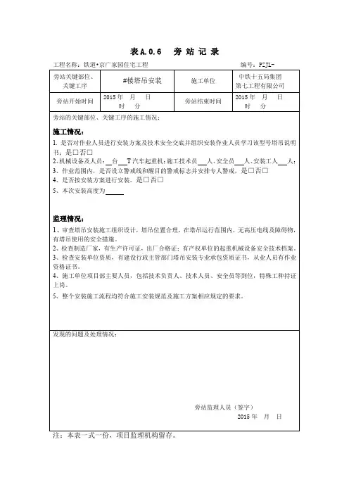 最新塔吊安装旁站记录(范本)