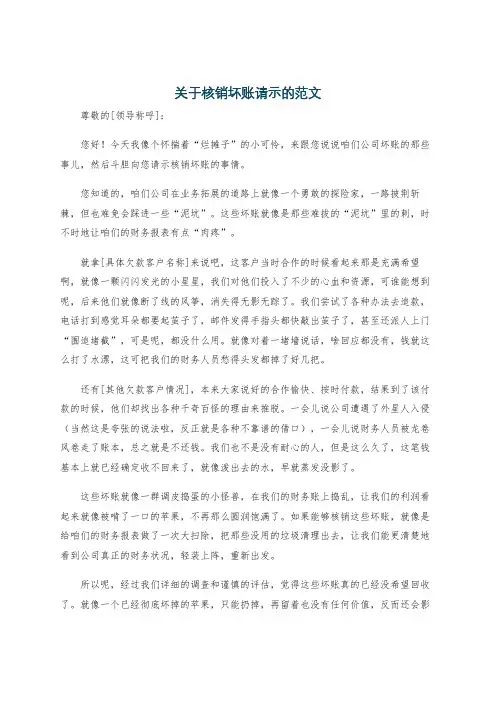 关于核销坏账请示的范文