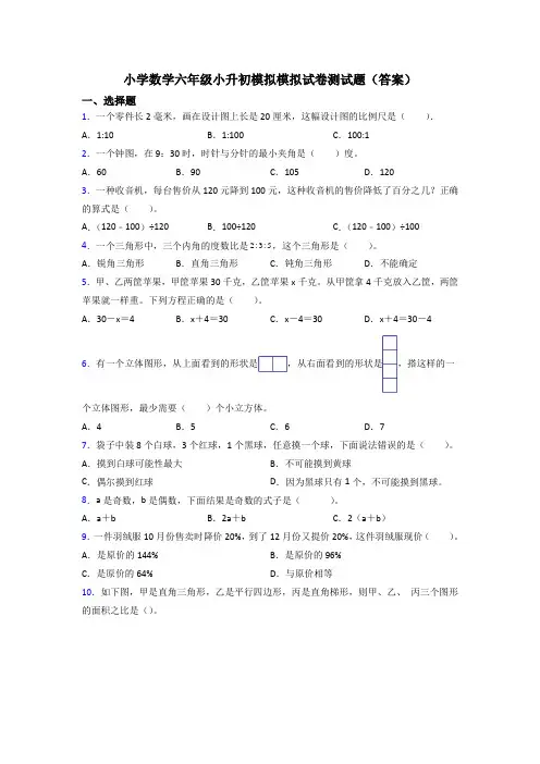 小学数学六年级小升初模拟模拟试卷测试题(答案)