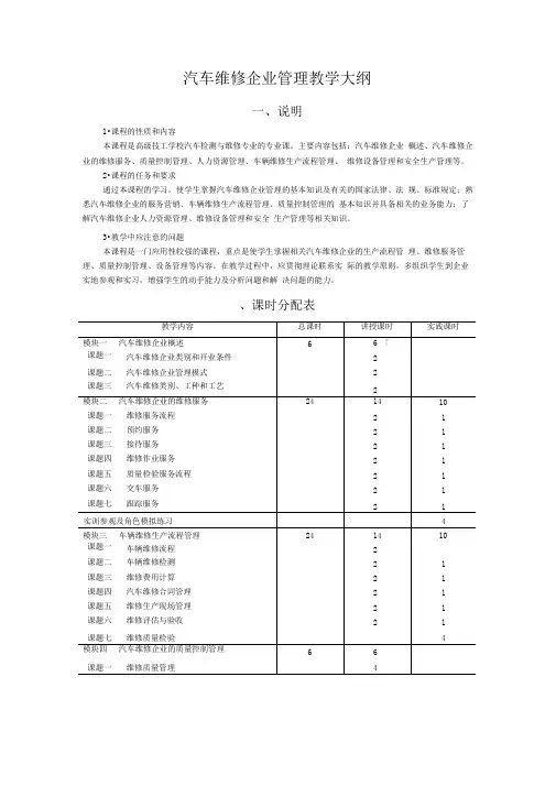 汽车维修企业管理教学大纲