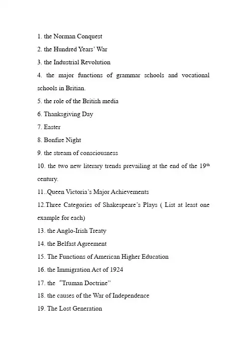英语国家概况复习范围