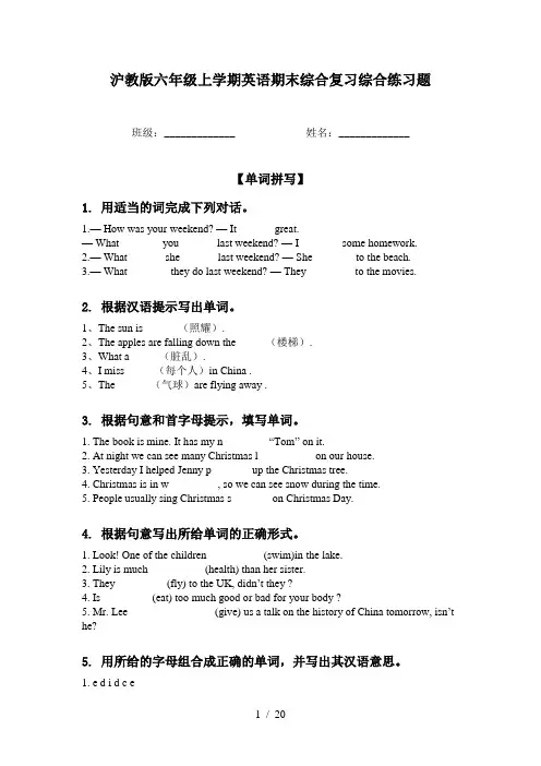 沪教版六年级上学期英语期末综合复习综合练习题