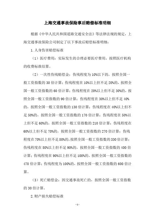 上海交通事故保险事后赔偿标准明细