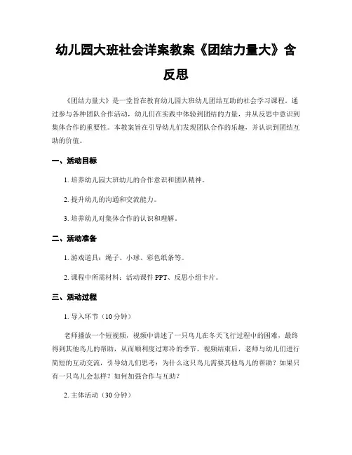 幼儿园大班社会详案教案《团结力量大》含反思