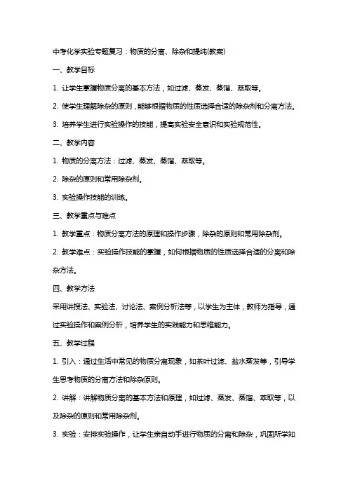 中考化学实验专题复习：物质的分离、除杂和提纯(教案)