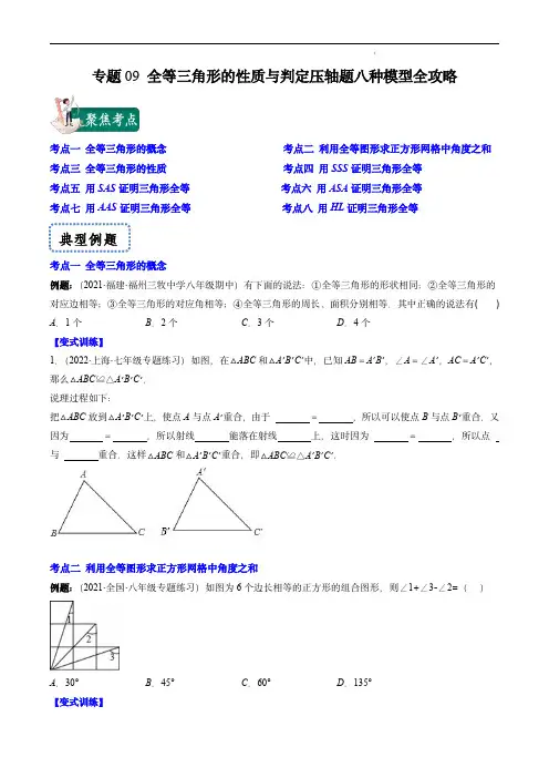 2024届中考数学压轴题攻略(湘教版)专题09 全等三角形的性质与判定压轴题八种模型(原卷版)