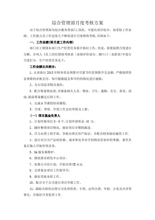 综合管理部月度绩效考核方案