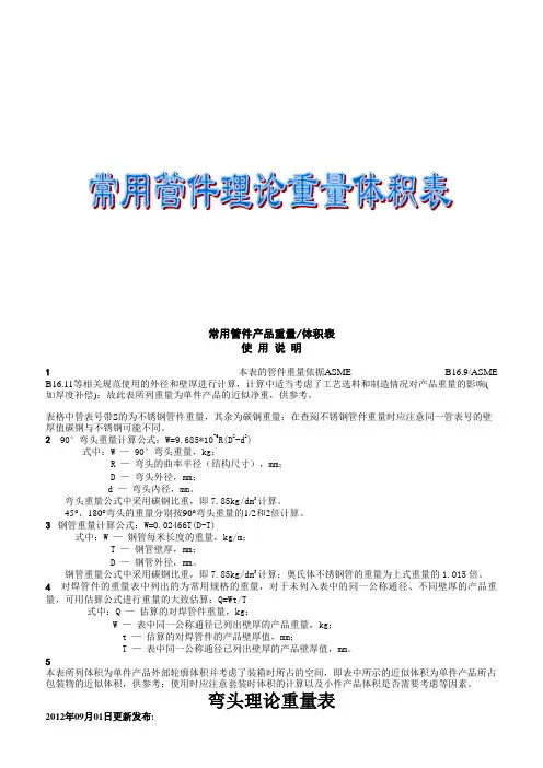 常用钢制管件(弯头、三通、异径管、管帽)理论重量体积表