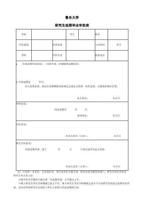 鲁东大学研究生延期毕业审批表