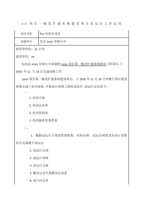 信息化项目试运行工作总结报告