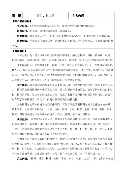2024年部编版二年级语文上册第二单元识字2 树之歌 优质版教案