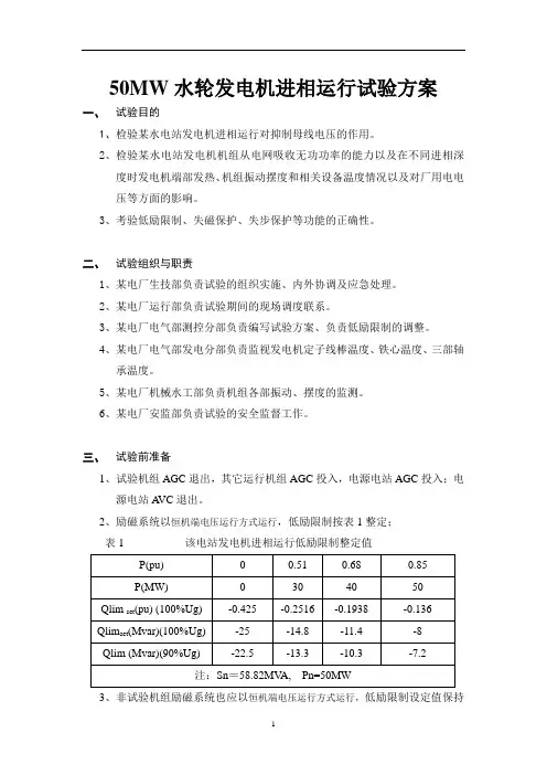 50MW水轮发电机进相运行试验方案
