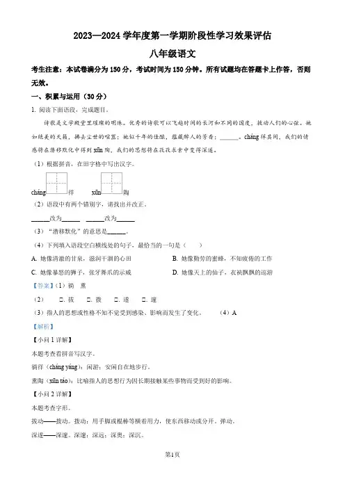 甘肃省陇南市武都区2023-2024学年八年级上学期期中语文试题(解析版)