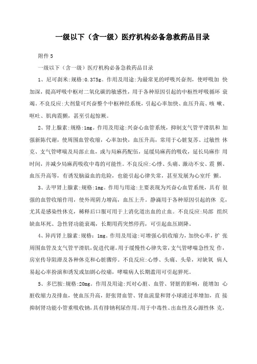 一级以下含一级医疗机构必备急救药品目录
