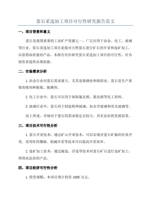 萤石采选加工项目可行性研究报告范文