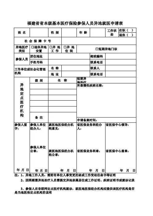 福建省省本级基本医疗保险参保人员异地就医申请表(省内安置)