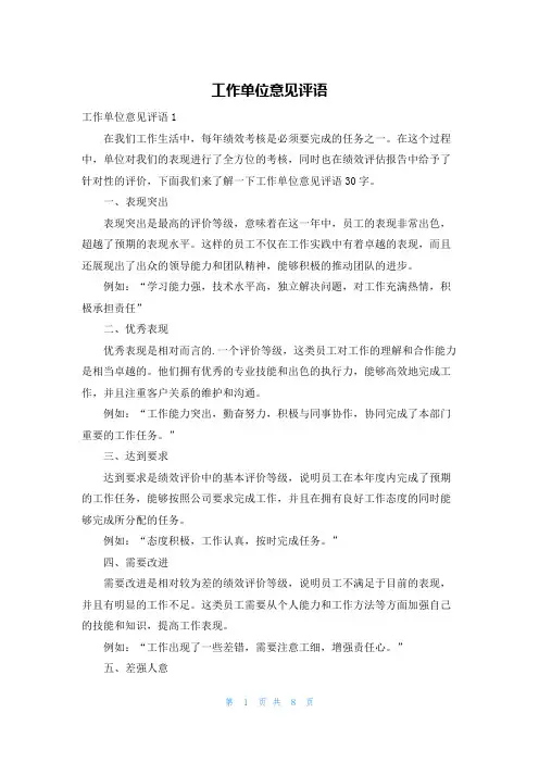 工作单位意见评语