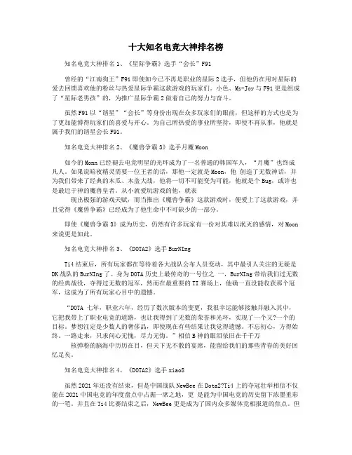 十大知名电竞大神排名榜