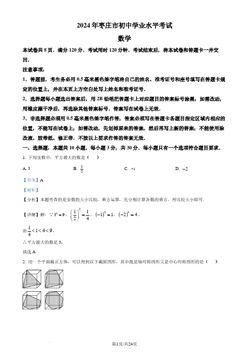 2024年山东省枣庄市中考 数学试题(枣庄聊城临沂菏泽)(解析版)