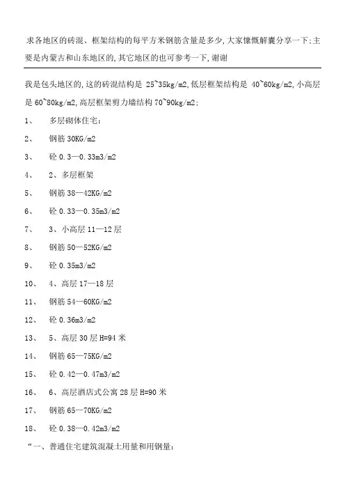 框架结构的每平方米钢筋含量