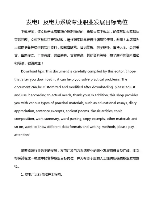 发电厂及电力系统专业职业发展目标岗位