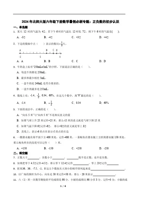 2024年北师大版六年级下册数学暑假必刷专题：正负数的初步认识