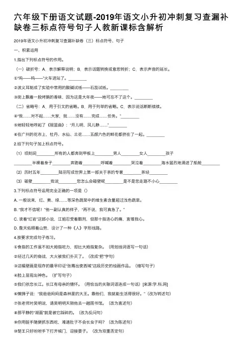 六年级下册语文试题-2019年语文小升初冲刺复习查漏补缺卷三标点符号句子人教新课标含解析
