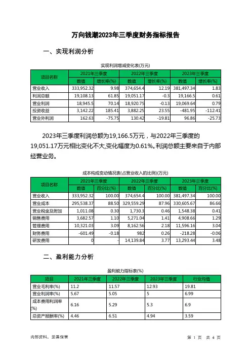 000559万向钱潮2023年三季度财务指标报告