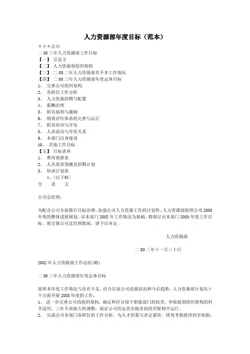 人力资源部年度目标(范本)