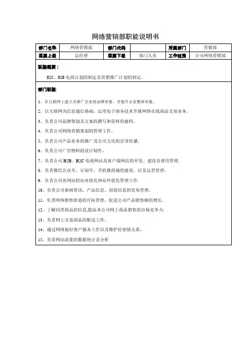 网络营销部门及岗位说明书