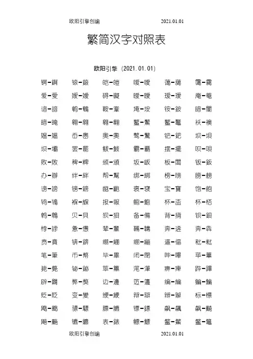 汉字简体繁体对照表大全之欧阳引擎创编