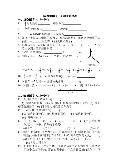 华师七年级上期末试题附答案2
