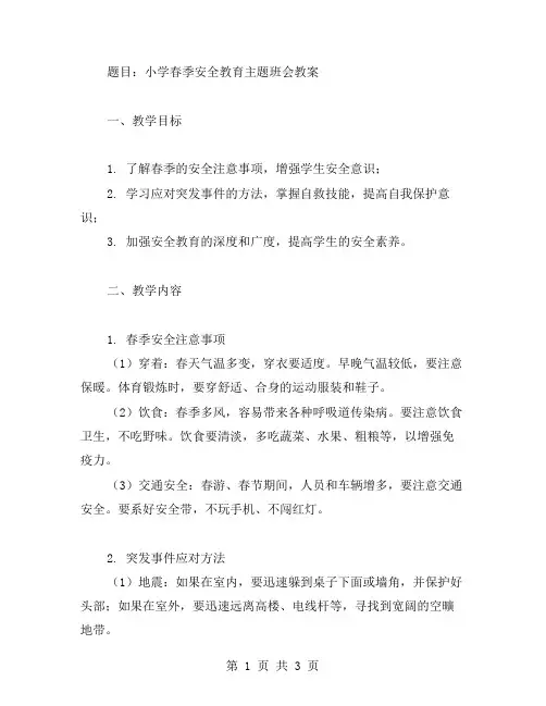 小学春季安全教育主题班会教案