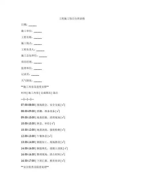 工程施工每日台班表格