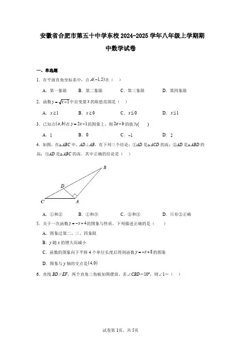 安徽省合肥市第五十中学东校2024-2025学年八年级上学期期中数学试卷