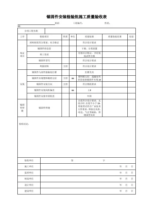锚固件安装检验批施工质量验收表