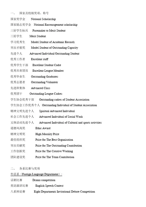 简历制作中的各种奖项英文表达