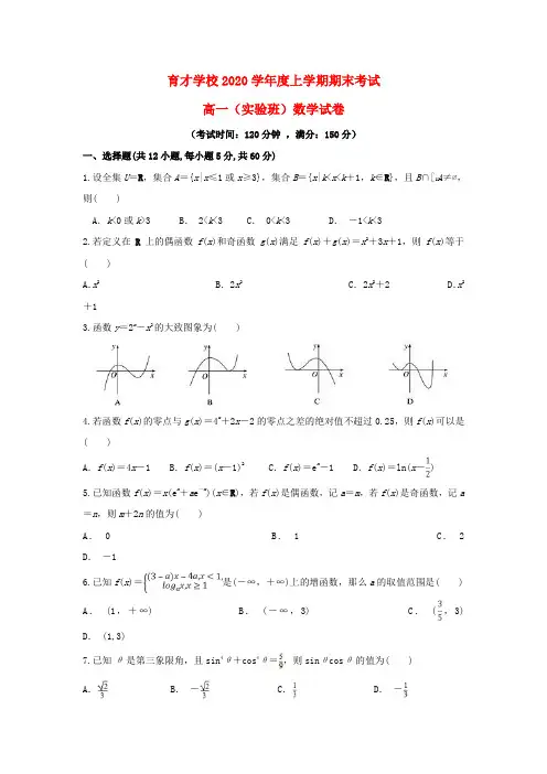安徽省滁州市定远县育才学校2020学年高一数学上学期期末考试试题(实验班)