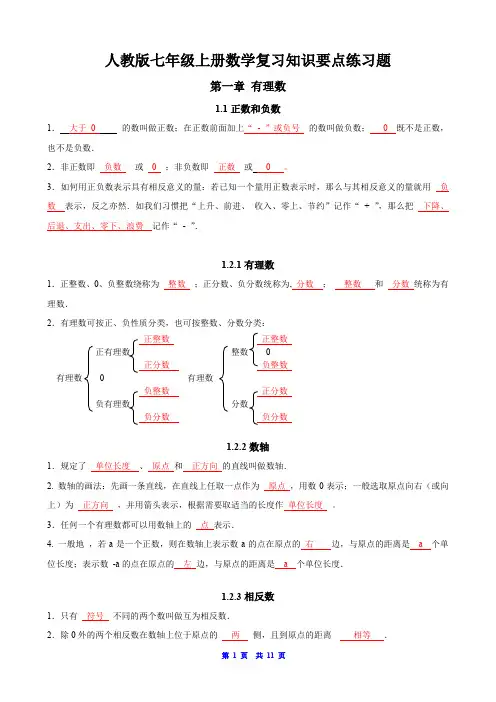 人教版七年级上册数学复习知识要点练习题(含答案)