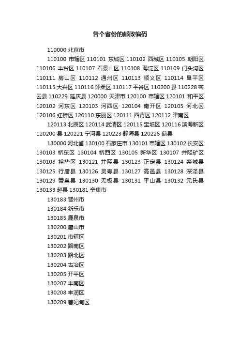 各个省份的邮政编码