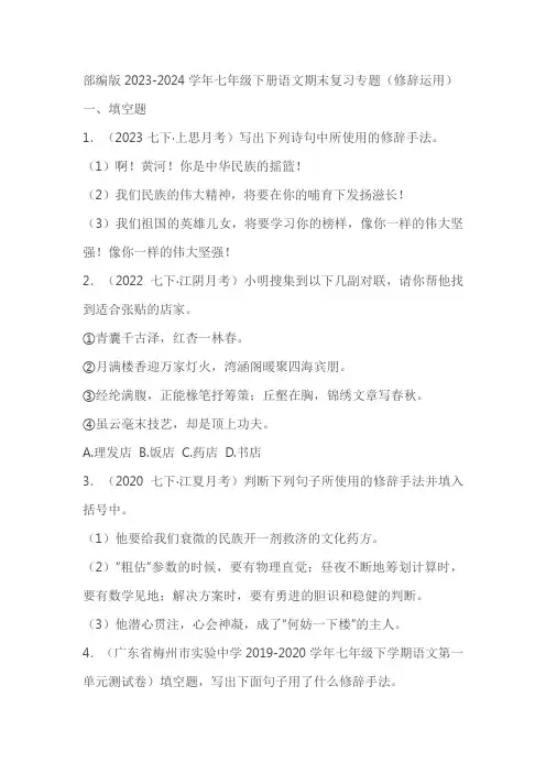 部编版2023-2024学年七年级下册语文期末复习专题(修辞运用)