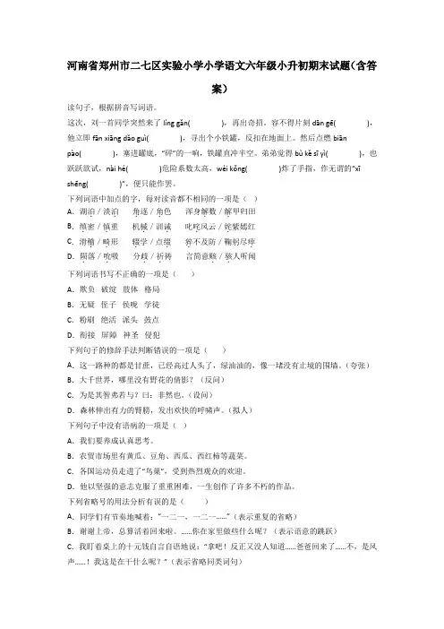 河南省郑州市二七区实验小学小学语文六年级小升初期末试题(含答案)