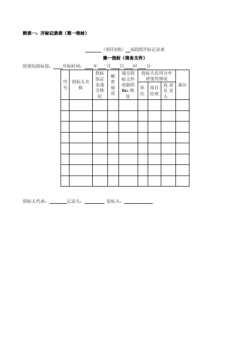 附表一开标记录表(第一信封)